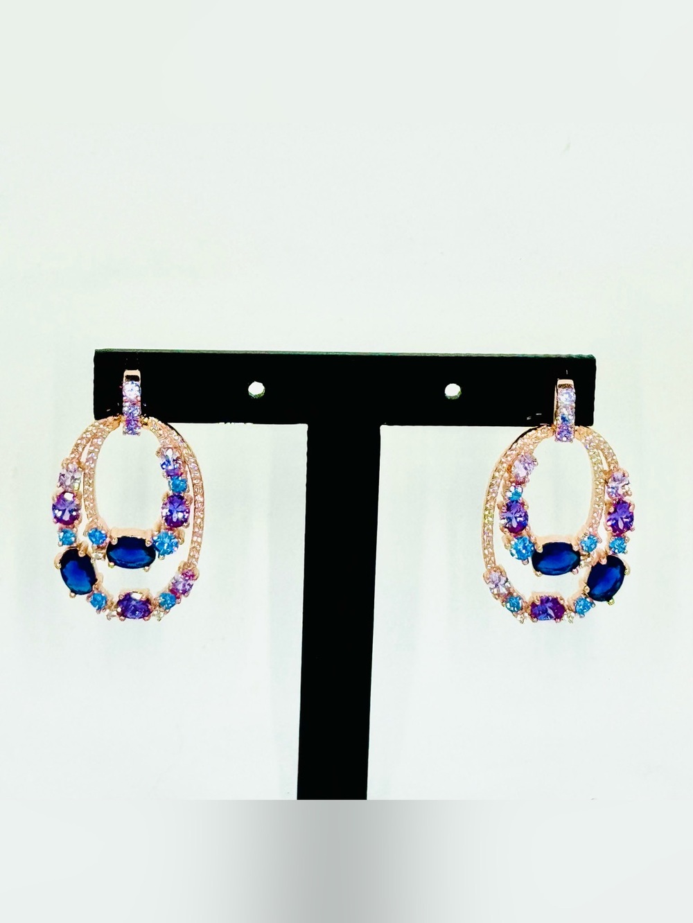 Rose Gold Over Sterling Silver Blue Purple Rhinestone Double Drop Hoop Earrings